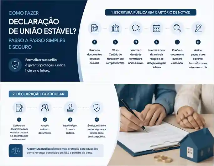 Declaração de união estável garante direitos? Entenda 2 infográfico explicando como fazer uma união estável