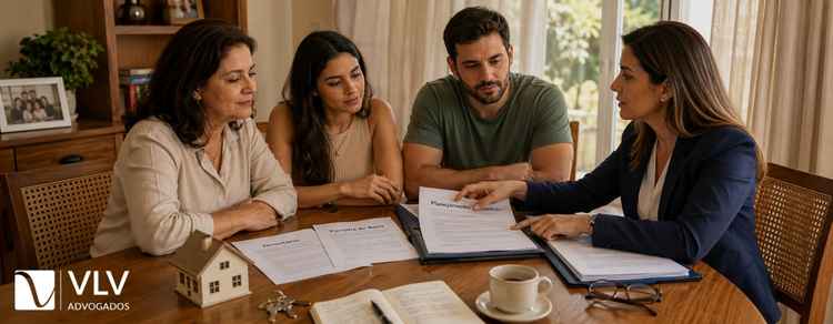 Família conversa com advogada sobre herança e planejamento sucessório.
