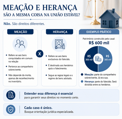 União estável garante herança? Entenda seus direitos 2 infográfico explicando meação e herança na união estável