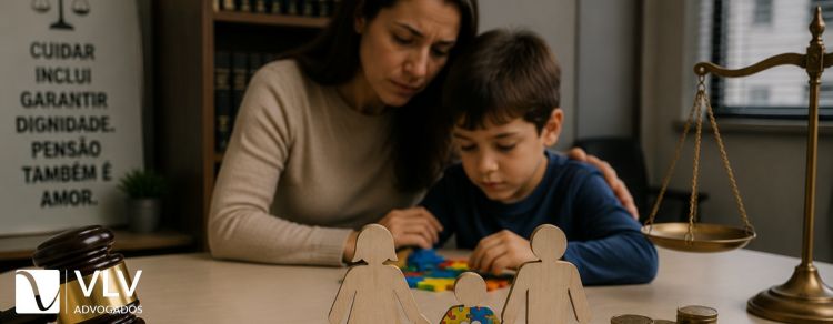 mãe com seu filho autista aguardando a pensão alimenticia