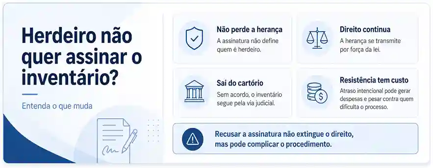 Um dos herdeiros não quer assinar o inventário, e agora? 2 O herdeiro que se recusa a assinar perde o direito à herança