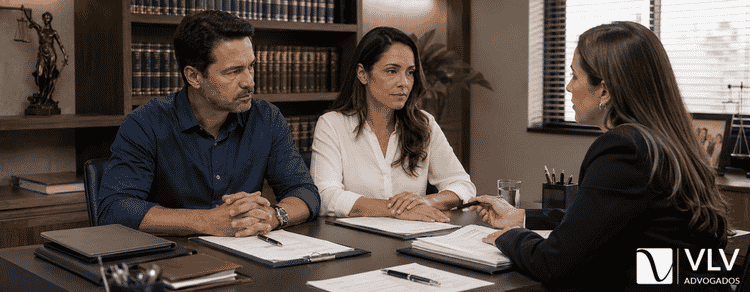 Separação total de bens: direitos, herança e vantagens 3 casal com separação total de bens conversando com advogado