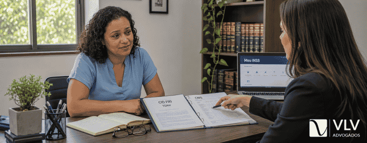 Mulher com TDAH recebe orientação individual sobre seus direitos no INSS.