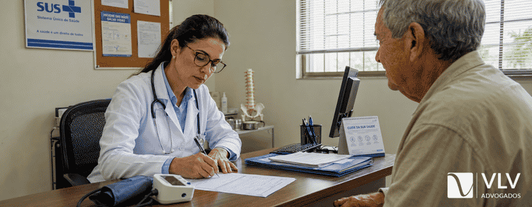 Laudo médico para BPC LOAS: o guia completo para não ter o benefício negado 3 imagem representando médica preenchendo laudo médico à mão durante consulta com paciente idoso em clínica.