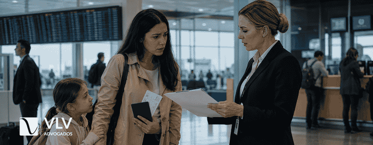 Posso levar meu filho para morar fora do Brasil? 4 mulher com filha em aeroporto com comissária mostrando documentos