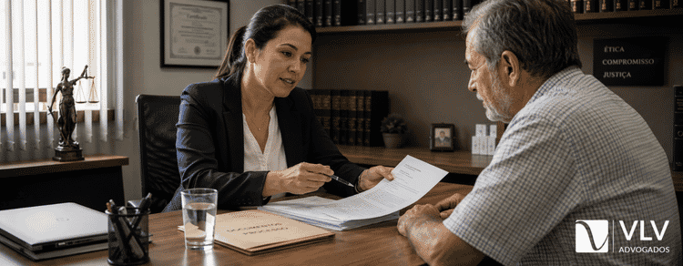 Doenças que dão direito ao BPC LOAS em 2026: veja a lista! 2 Advogada explicando documentos do BPC LOAS a um homem idoso em escritório.