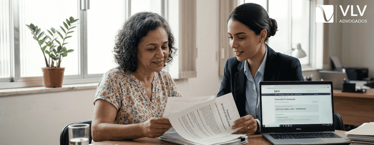 Aposentadoria por deficiência negada: o que fazer agora? 2 Segurada e advogada analisando documentos juntas em escritório para reverter aposentadoria por deficiência negada.