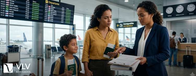 Posso levar meu filho para morar fora do Brasil? 1 mulher com filho em aeroporto conversando com responsável por imigração