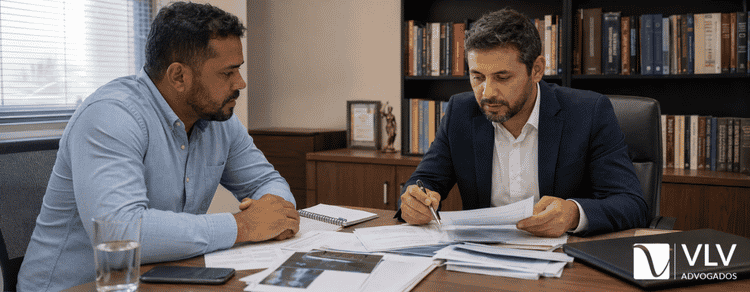 Doença ocupacional dá estabilidade? Veja as regras, o prazo e as exceções 3 Advogado analisando documentos de trabalhador com possível doença ocupacional.