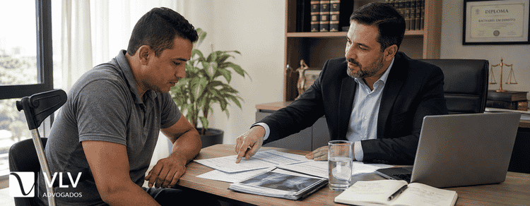 Advogado trabalhista explicando documentos a trabalhador acidentado durante atendimento, analisando individualmente o caso de acidente fora do horário de trabalho.