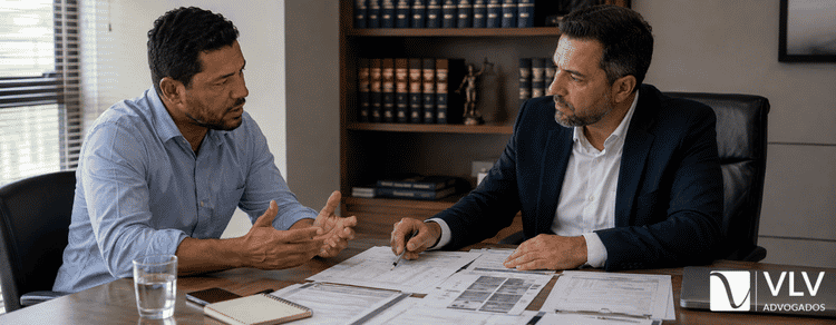 Passar mal no trabalho: quais são meus direitos? 3 Advogado analisando documentos de trabalhador que passou mal no trabalho.