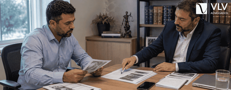 Vai passar por perícia judicial por doença ocupacional? Entenda o processo e como se preparar 3 Advogado analisando laudo pericial e documentos de trabalhador.