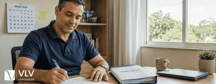 Advogado para auxílio por incapacidade temporária 3 Homem assinando documento ao lado de pasta organizada com exames médicos em escritório doméstico.