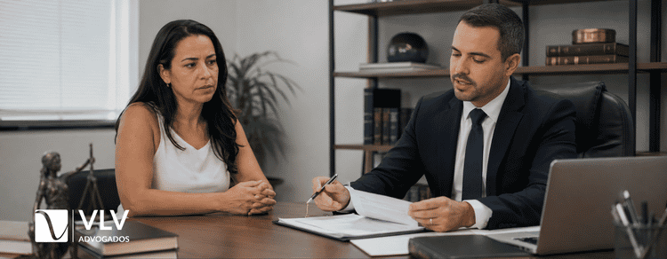 Posso pedir medida protetiva contra vizinho, colega de trabalho ou conhecido? 2 imagem representando mulher falando com advogado sobre medida protetiva sem vinculo afetivo