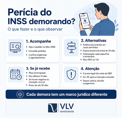 Tempo de espera pela perícia do INSS: quem paga e quando há direito aos atrasados? 2 Infográfico com orientações sobre o que fazer quando a perícia do INSS demora.