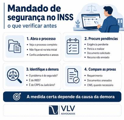 Mandado de segurança contra o INSS: como funciona? Guia 2026 2 Infográfico com checklist sobre o que verificar antes de entrar com mandado de segurança no INSS.