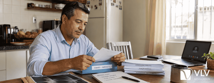 Toda doença dá direito ao auxílio-doença? Veja a regra 3 Homem organizando laudos e exames médicos para instruir o pedido de auxílio-doença.