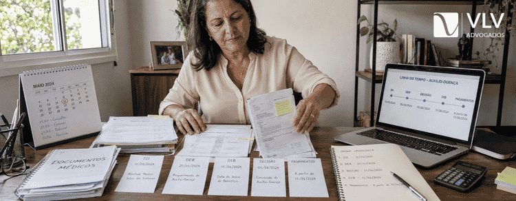 Organizando datas e documentos para analisar o retroativo do auxílio-doença.