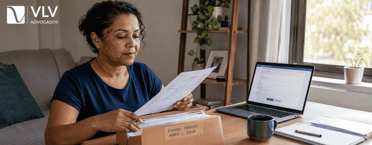 Mulher organizando atestados e exames médicos em uma pasta ao lado do notebook para preparar o pedido ao INSS.