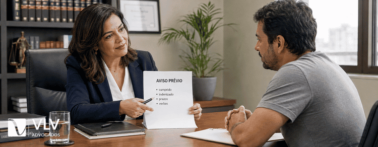 Antes de cumprir o aviso prévio, entenda como funciona! 3 Advogada auxiliando trabalhador em aviso prévio
