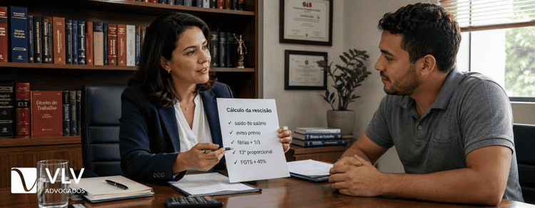 Cálculo trabalhista: como calcular a rescisão! 2 Advogada auxiliando trabalhador a realizar cálculo trabalhista