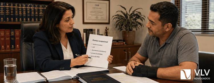 Como comprovar doença ocupacional: o que o INSS exige 3 Advogada auxiliando trabalhador sobre como comprovar doença ocupacional