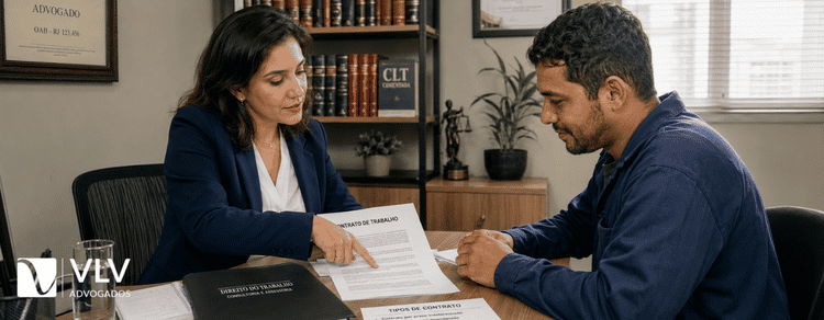 Contratos de trabalho: tipos e quando geram vínculo 3 Homem analisando contratos de trabalho com advogada