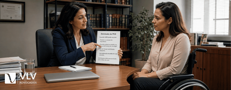 Demissão de PCD: quando não pode ser feita? 2 Advogada auxiliando funcionária passando por demissão de PCD