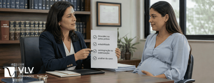 Fui demitida e engravidei no aviso prévio: o que acontece? 3 Advogada auxiliando trabalhadora que foi demitida e engravidou no aviso prévio
