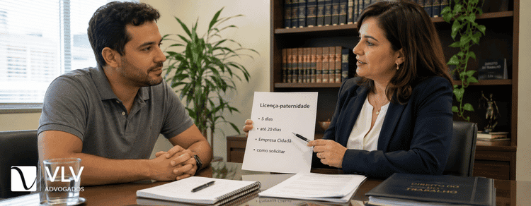 Advogada auxiliando um pai com direito a licença-paternidade