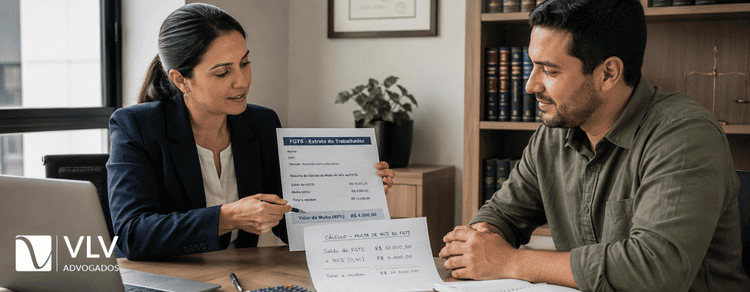 Multa de 40% do FGTS: quando cai na conta e como calcular 3 Homem calculando multa de 40% do FGTS com advogada