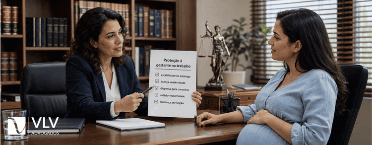Proteção à gestante no trabalho: leis e decisões que garantem seus direitos 2 Advogada explicando a proteção à gestante no trabalho