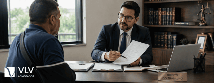 Quem deve comprovar o acidente de trabalho? Entenda 3 Advogado orientando o trabalhador em como comprovar o acidente de trabalho