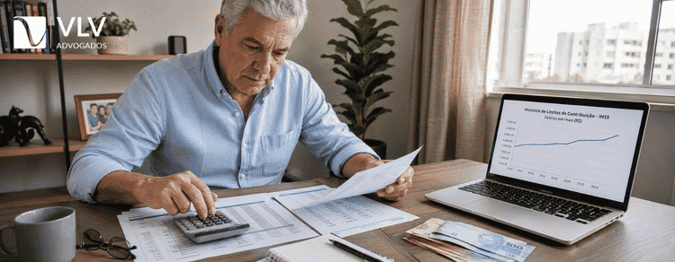 Tabela dos tetos previdenciários do INSS para aposentadoria e benefícios de 1994 a 2026 1 homem conferindo a tabela do teto do inss