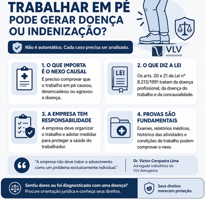 Quanto tempo o trabalhador pode trabalhar de pé, sem tirar pausa para descansar? 2 Infográfico sobre trabalho em pé, doença ocupacional, nexo causal e indenização.