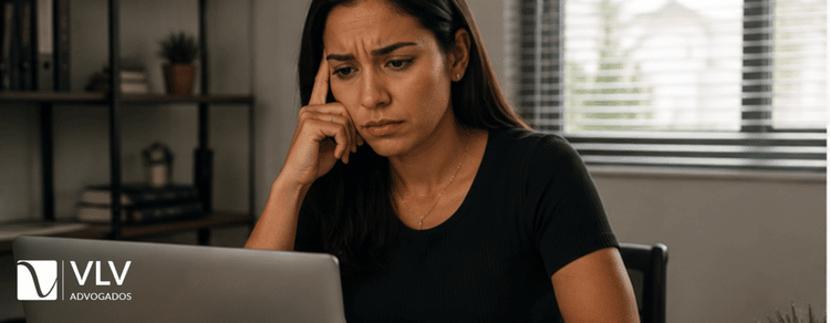 Mulher preoupada com a possibilidade do processo trabalhista prejudicar um novo emprego