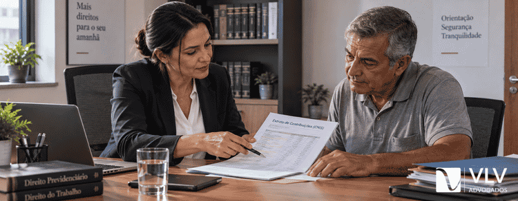 Advogada explicando o histórico de contribuições ao INSS para um cliente durante atendimento.