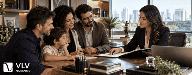 Familia em formato de multiparentalidade consultando advogada