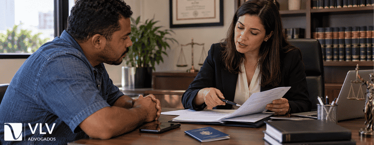 Trabalho sem carteira assinada dá algum direito? Confira! 2 Homem em situação de trabalho sem carteira assinada consultando advogada