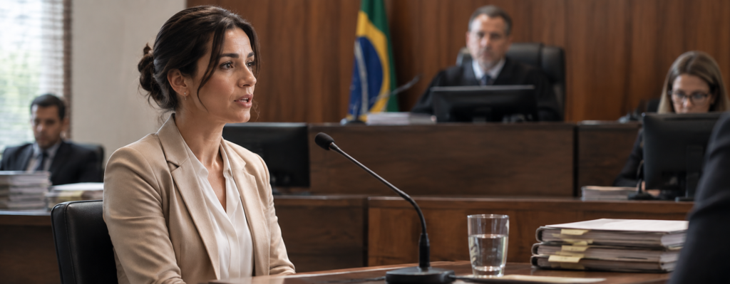 Oitiva: o que é, tipos e como funciona (Guia completo) 3 Testemunha depondo em audiência judicial durante oitiva